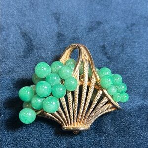 Vintage Marvella Gold-Tone Basket brooch with faux Jade Beads